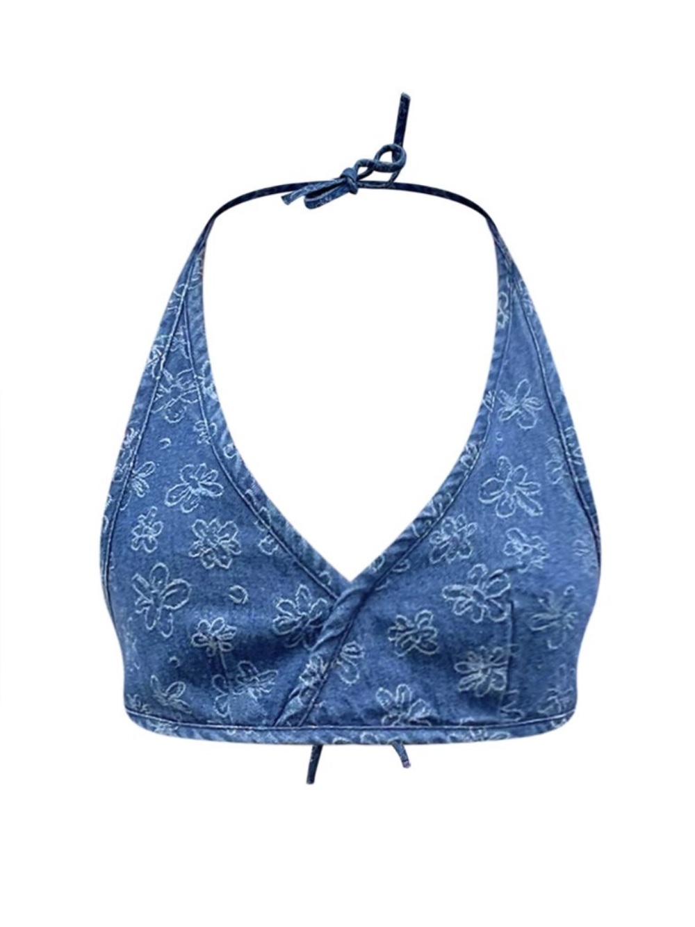 PrettyLittleThing Denim Blue Floral Halter Top